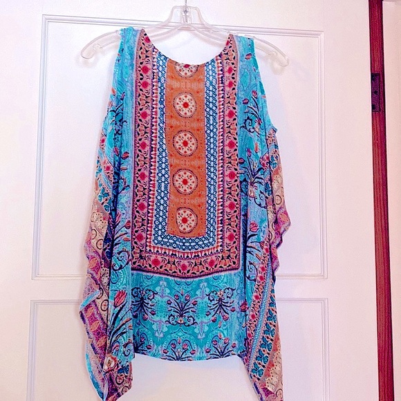 Tolani Multi-Colored Cold Shoulder Silk Boho Blouse, V-neck, Small - Picture 2 of 3